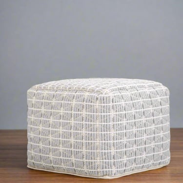 Noreen Boho Square Pouf in Light Blue, White Handloom Woven Pattern FFW258-714