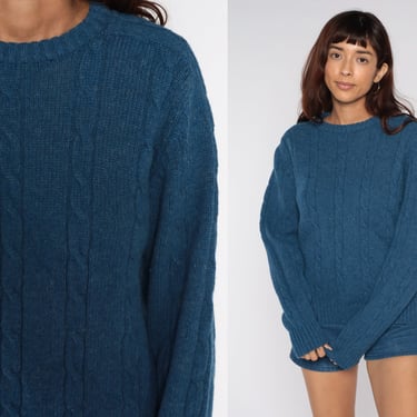 Blue Cable Knit Sweater 80s Wool Blend Knit Boho Pullover Cableknit 1980s Jumper Cozy Vintage Crewneck Large xl l 