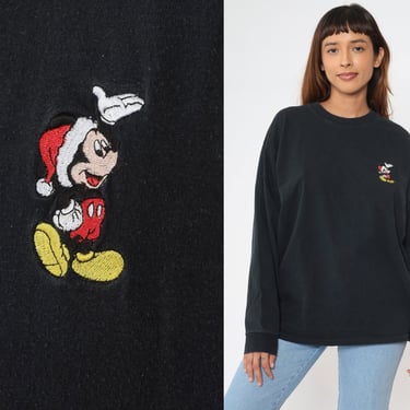 Mickey Mouse Christmas Shirt 90s Disney Long Sleeve T Shirt Mickey Unlimited Santa Hat 1990s Graphic Tshirt Black Kawaii Large xl 