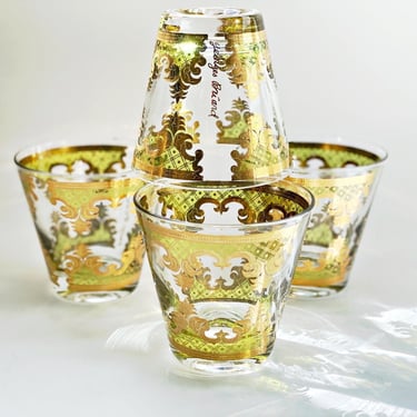 4 Georges Briard cocktail glasses. MCM glassware in green & gold Carrara scroll designed for double old fashioneds or whiskey on the rocks 