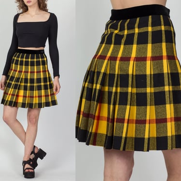 80s Escada Margaretha Ley Plaid Mini Skirt - Small | Vintage Black Yellow Wool Velvet Waist High Waist Schoolgirl Pleated Miniskirt 