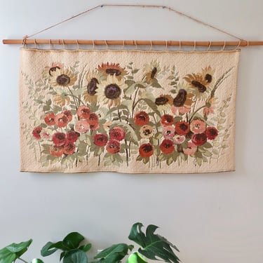 Vintage Large Woven Sunflower Tapestry Wall Hanging on Bamboo Rod - Boho Wall Decor 