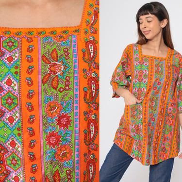 70s Floral Apron Top Psychedelic Paisley Blouse Open Tie Back Tunic Orange Smock Shirt Groovy Retro Hippie Summer Vintage 1970s Small S 