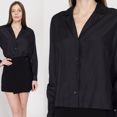 Large 60s Black Silk Cufflink Blouse | Vintage Notched Collar Button Up Long Sleeve Top 