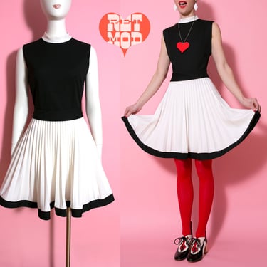 Super Cute Vintage 60s 70s Black & White Color Block Fit and Flare Sleeveless Dress 