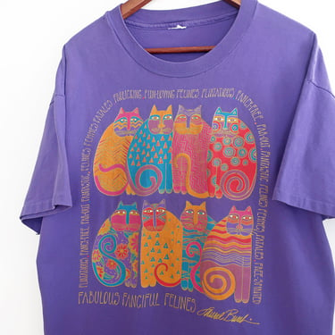 vintage cat shirt / Laurel Burch shirt / 1990s Laurel Burch purple cat artwork kitten t shirt XL 