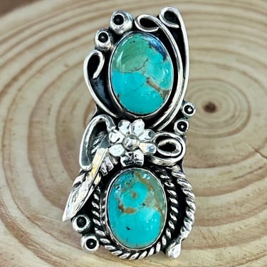 LITTLE C.R. Navajo, Dine'h Native Arts Turquoise Sterling Silver, Large Ring | Native American Statement Jewelry Southwestern | Size 9 1/2 