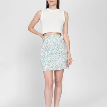 Small 60s Ditsy Floral Ribbed Mini Skirt | Vintage White Blue Pink High Waisted Boho Pencil Skirt 