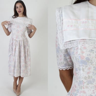 80s Gunne Sax Tea Dress / Jessica McClintock Country Folk Style / White Wide Embroidered Sailor Collar Midi Frock 