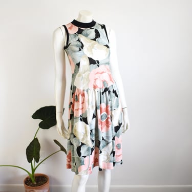 1980s Floral Jersey Dress - XS/S/M 