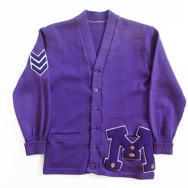 varsity cardigan / purple cardigan / 1960s sun faded purple wool knit varsity patch collegiate cardigan Small 