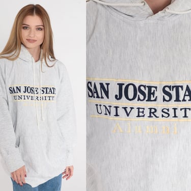 SJSU Alumni Hoodie 90s San Jose State University Hooded College Sweatshirt California Spartans Logo Heather Grey Hood Vintage 00s Medium M 