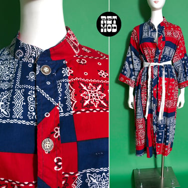 FAB Vintage 60s 70s Red & Blue Bandana Print Caftan Oversized Cover-Up Dress 