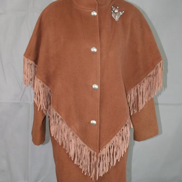 1970's - 1980's  - Brown Wool - Leather Fringe -  Coat - Southwestern - by Lorovi - Size 8 