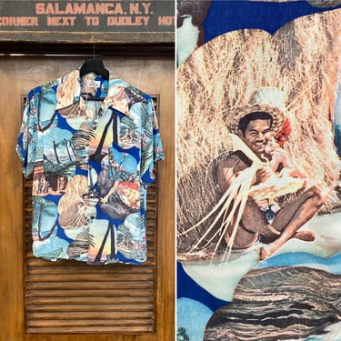 Vintage 1940’s Size S “Campus” Label Photoprint Silky Rayon Hawaiian Shirt, Hula Girl, Tiki, 40’s Vintage Clothing 