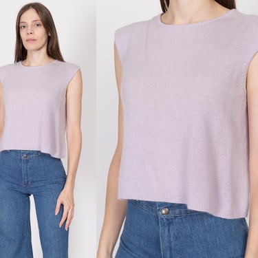 Large 90s Lilac Purple Cashmere Crop Top | Vintage Valerie Stevens Sleeveless Cropped Sweater Shirt 