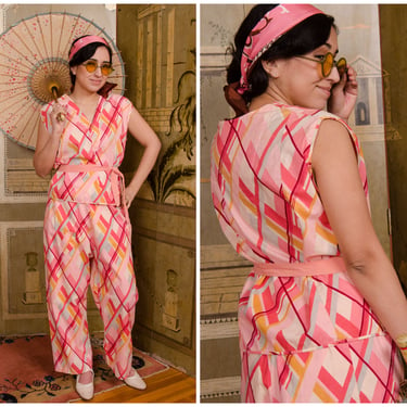 RARE 1920s Beach Pajamas in Art Deco Saturated and Colorful Diamond Plaid of Pink, Coral, Mustard and Grey 