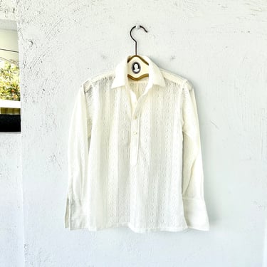 Vintage 70s Fuzzy Folk Shirt 1970s Peasant White Top 