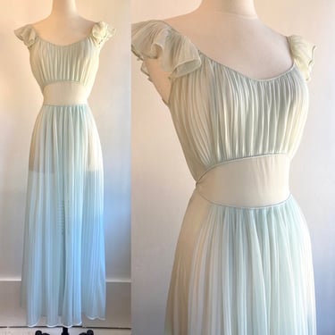 Vintage 40s 50s Nightgown / Accordion Pleat + Ruffled Shoulders + Corset Waist + Ribbon Tie Sash / Light Seafoam Green 