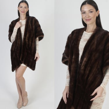 Brown Mahogany Mink Stole, Real 60s Dark Fur Wrap, Wedding Ceremony Shrug With Pockets 