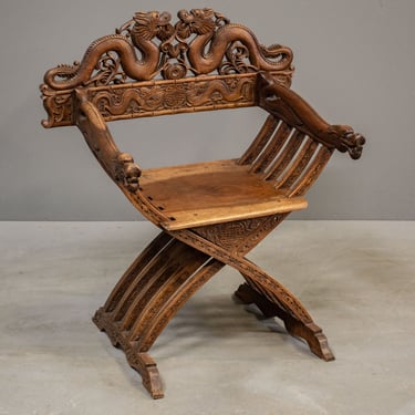 Antique Savonarola Style Carved Wooden Chair