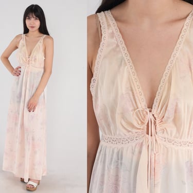Floral Nightgown 70s Lingerie Slip Dress Semi-Sheer Pink Lace Trim Keyhole Maxi Lounge Dress Empire Waist Vintage 1970s Miss Elaine Medium M 