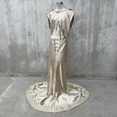 Vintage 1930s Art Deco Cream Silk Satin Water Drop Print Dress Quilted Bottom