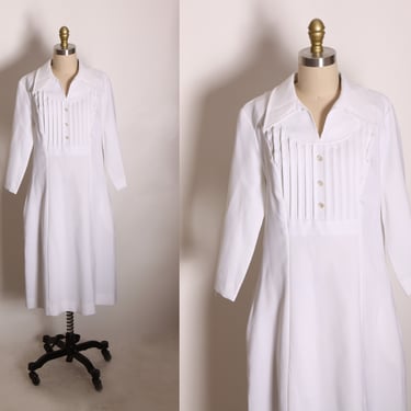 1970s White Polyester 3/4 Length Sleeve Button Up Bodice Uniform Nurse Style Dress by Sears -XL 