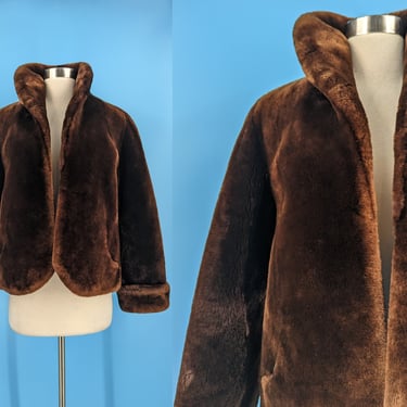 Vintage Sixties Rich's JR Brown Faux Fur Coat - 60s Fake Fur Open Front Short Coat - XS / Small 