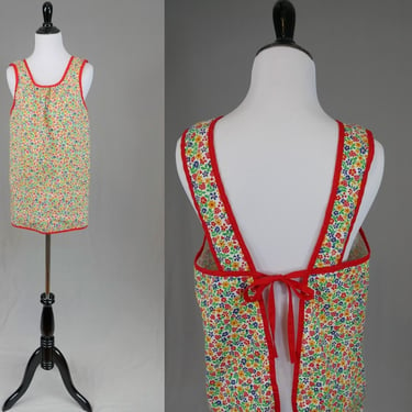 70s Strawberry Print Apron - Red Trim and Flowers - White w/ Red Green Yellow Blue - Apron Tree California - Vintage 1970s 