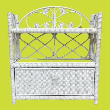 Vintage Wicker Wall Rack Retro 1980s Bohemian + Two Shelves/1 Cabinet + White Woven Frame + Bathroom Storage + Boho Organization + Shelving 