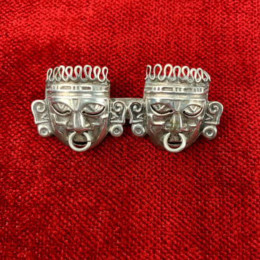 1940's Aztec Double Mask Brooch - Tribal Mayan Warriors - Sterling Silver - Locking Clasp - Handmade in Mexico 