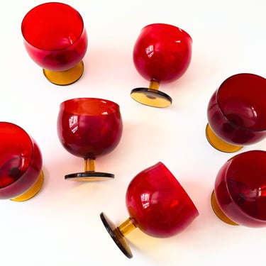 Mid Century Red Wine Glasses with Amber Stems - Set of 7 