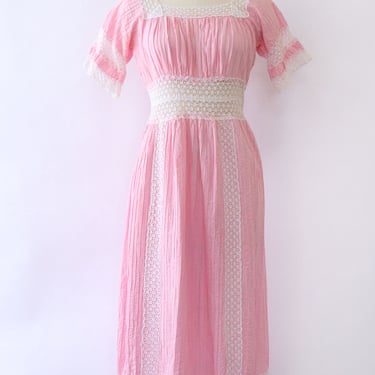 Petal Pink Crochet Trim Cotton Dress L