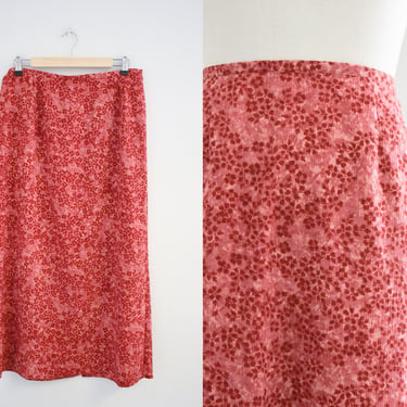 1990s Pink/Red Floral Crinkled Midi Skirt 