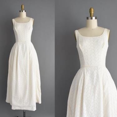 1950s vintage dress | Gorgeous White Eyelet Full Length Party Prom Dress | XS | 50s dress 