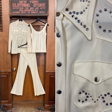 Vintage 1970’s Glam Mod Disco Rhinestone Glitter Western Cowboy Cowgirl 3 Piece Set, Shirt & Pants, Vintage 3 Piece, 1970’s set, Rhinestone 
