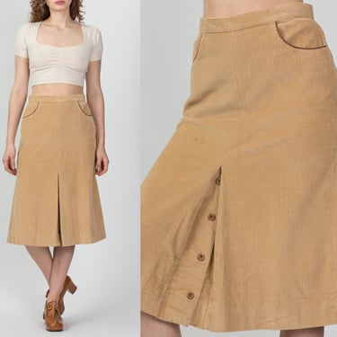 70s Golden Beige Corduroy Split Front Skirt - Medium, 28" | Vintage Plain A Line High Waist Schoolgirl Midi Skirt 