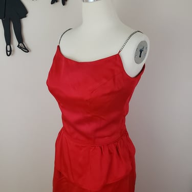 Vintage 1950's Red Tiered Cocktail Dress / 60s Rhinestone Bombshell Formal Dress S 