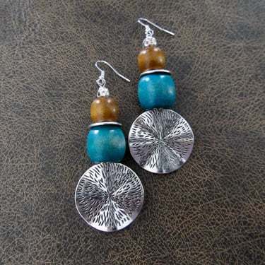 Large hammered silver and wooden earrings, teal 