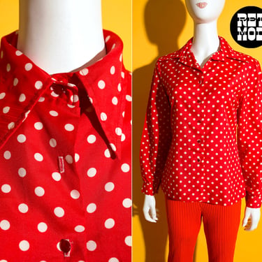 Sassy Vintage 60s 70s Red White Polka Dot Long Sleeve Shirt with Collar 