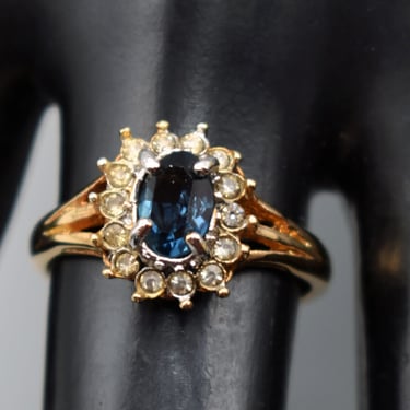 60's gold plate paste size 7.5 cocktail ring, elegant faux sapphire rhinestone mid-century bling ring 