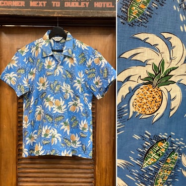 Vintage 1950’s Size L Atomic Pineapple Cotton Rockabilly Hawaiian Shirt, 50’s Tropical Shirt, 50’s Loop Collar, Vintage Clothing 
