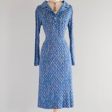 Fabulous 1960's Emilio Pucci Silk Jersey Signature Print Dress With Collar & Long Sleeves / M