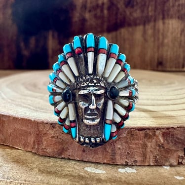 VINTAGE CHIEFS HEAD Mens Turquoise Abalone Coral Jet Silver Ring | Most Likely Navajo Native American | Southwestern Jewelry | Size 13 