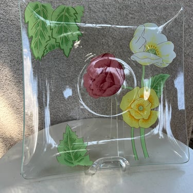 Vintage big flowers floral square large clear glass platter tray  center round divider by Dorothy Thorpe size 12.5” 