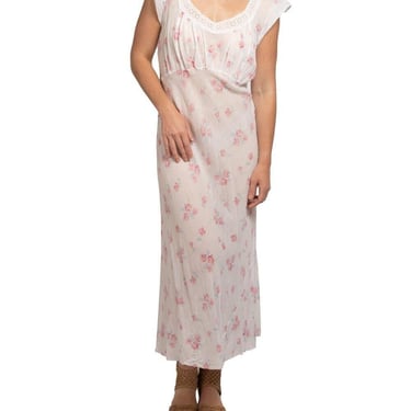 1930S White With Pink And Blue Floral Print Lace Organic Cotton Bias Negligee XL 