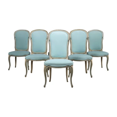 Baker Furniture French Provincial Louis XV Style Painted Dining Chairs W/ Mint Velvet - Set of 6 