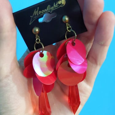 Unique DEADSTOCK Red Iridescent Vintage 80s 90s Long Drop Earrings 