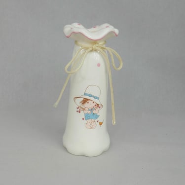1983 Sweet Me Bud Vase - American Greetings - Barefoot Girl w/ Flowers & Bird - White Glazed Ceramic w/ Pink Dots - Vintage 1980s 